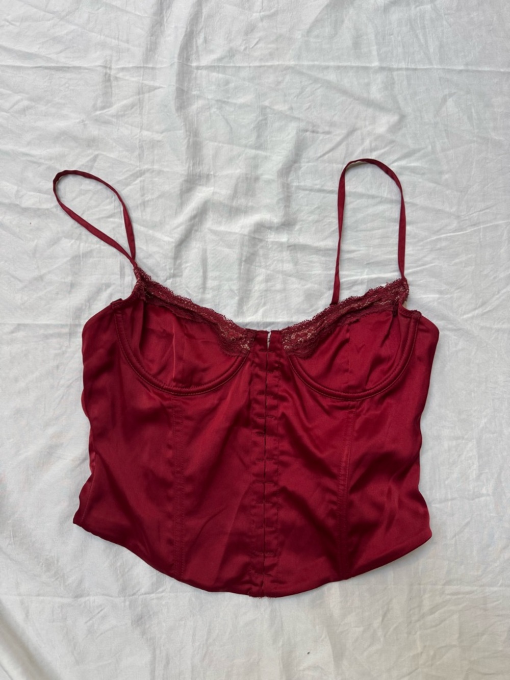White Fox Boutique Burgundy Satin Lace-Trim Crop Top